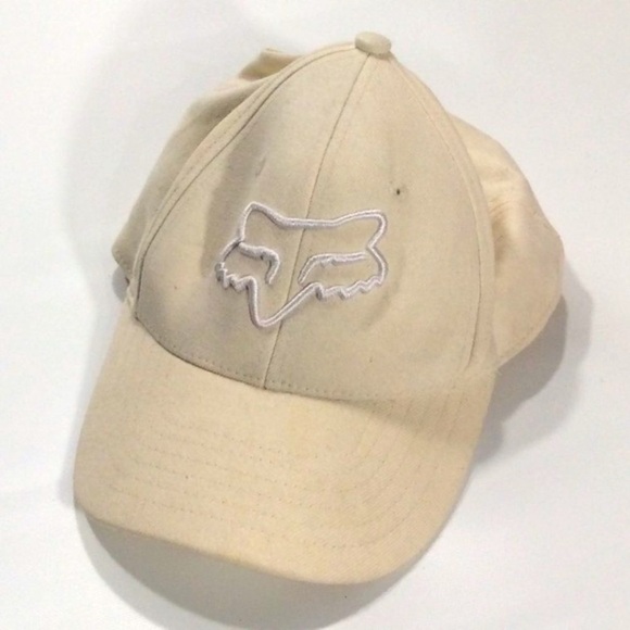 FOX | Beige Elastic Fitted Hat White Logo Stretch Cream Color - Picture 2 of 8